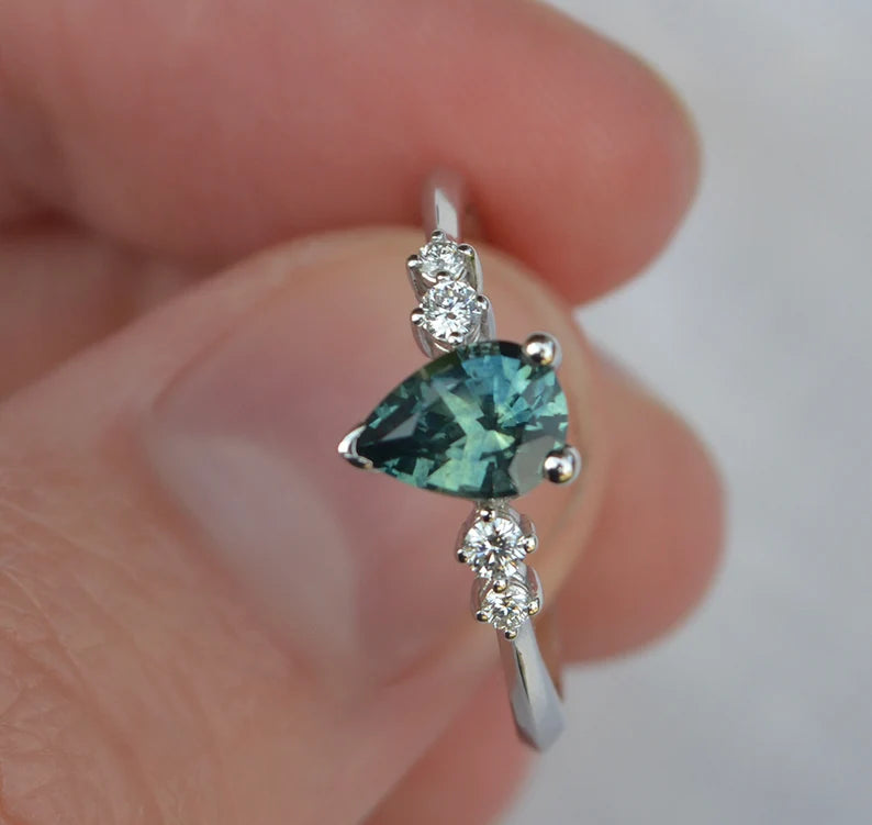 14K Solid Gold 0.98 CT Teal Blue Montana Sapphire Ring