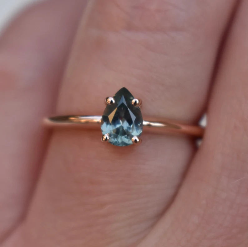 Solid Gold Teal Blue Montana Sapphire Ring Pear Shape