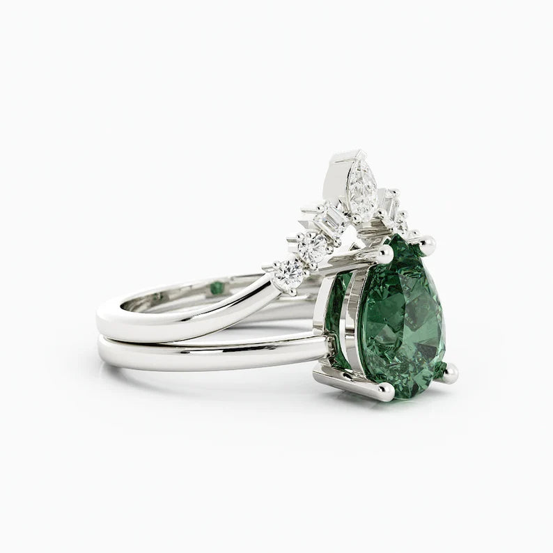 Solid Gold Teal Green Sapphire Engagement Ring Set With Diamonds
