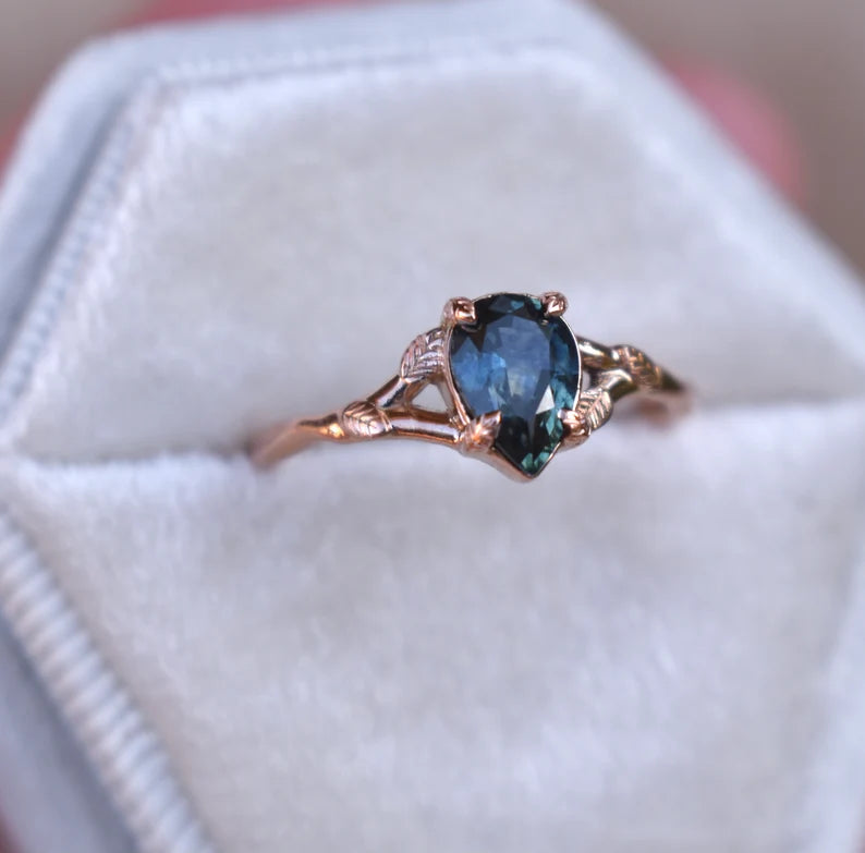 Solid Gold Rose Gold Pear Blue Sapphire Leaf Engagement Ring