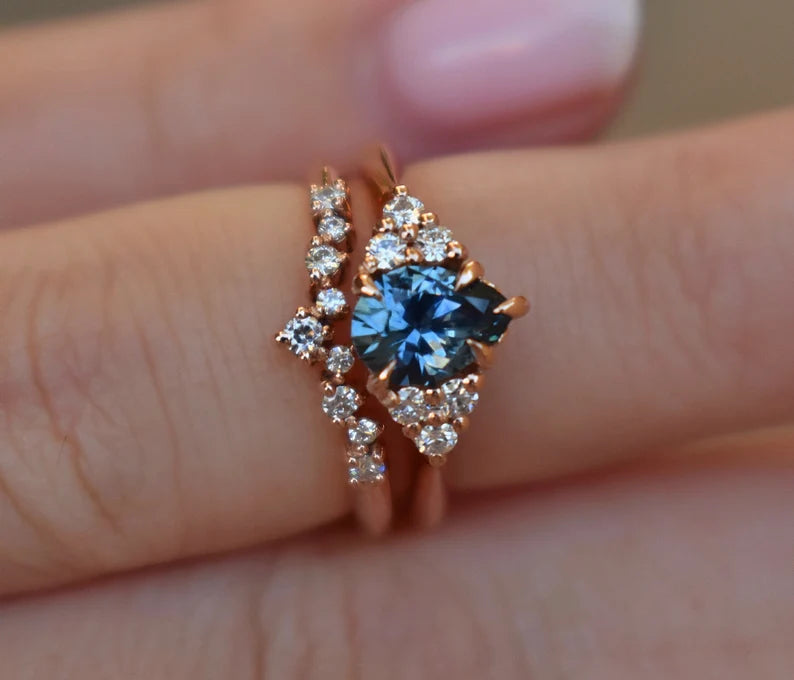 Solid Gold Teal Blue Pear Sapphire and Diamond Engagement Ring Set