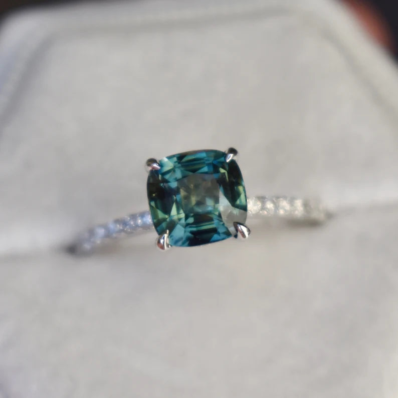 18K Solid Gold 2 CT Teal Sapphire Hidden Halo Diamond Engagement Ring