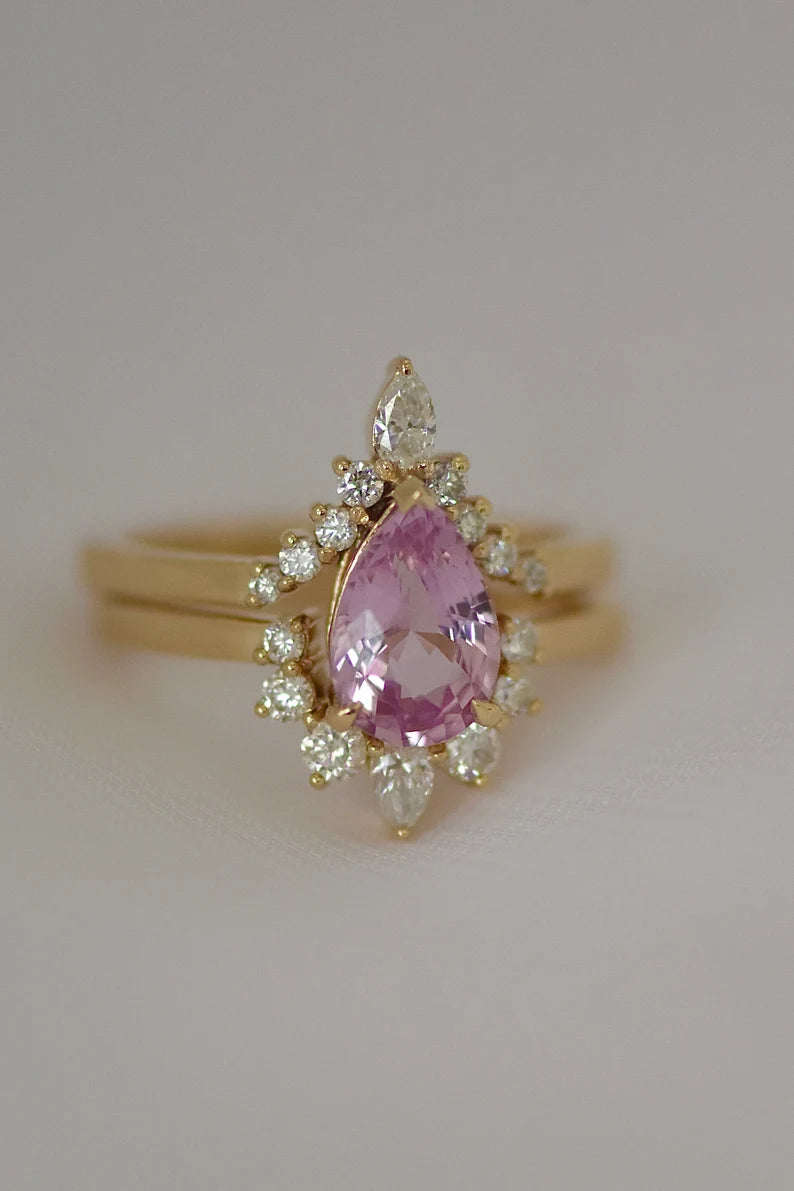 Solid Gold Pink Sapphire and Diamond Engagement Ring Set