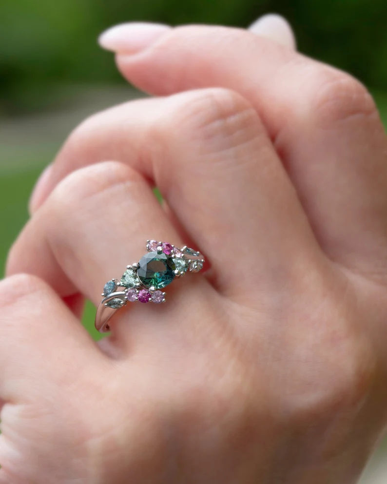 Solid Gold Engagement Ring Enchanted Garden Teal Green Sapphire Cluster
