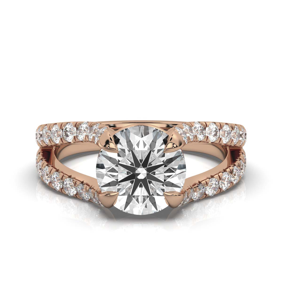 18K Solid Gold 2 CT Round Split Shank Diamond Ring with Diamond Accents