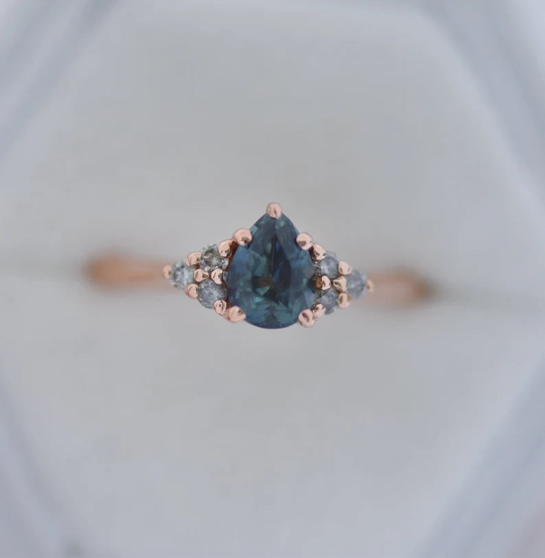Solid Gold Teal Sapphire Engagement Ring Salt and Pepper Diamonds