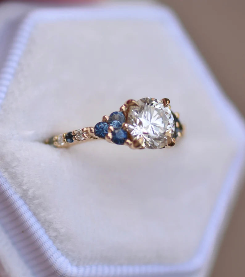 18K Solid Gold Natural Diamond and Sapphire Engagement Ring - Style A