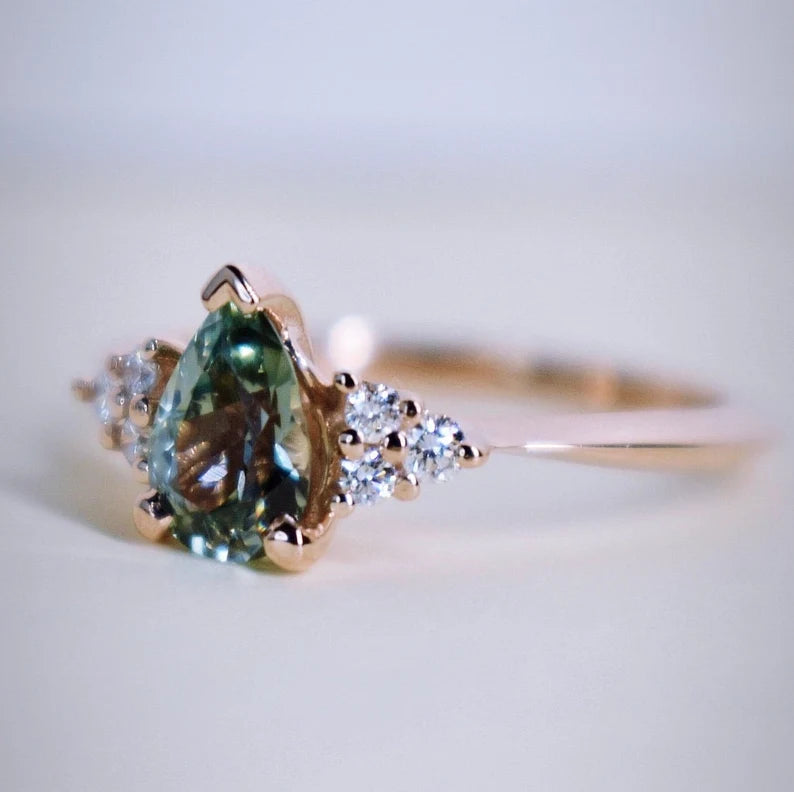 Solid Gold Teal Green Sapphire Ring
