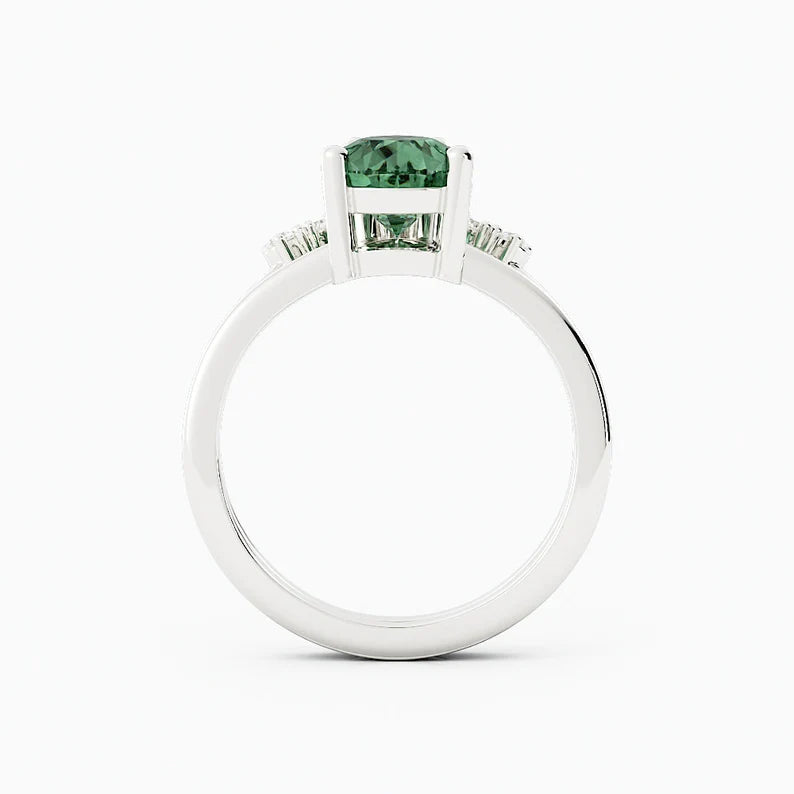 Solid Gold Teal Green Sapphire Engagement Ring Set With Diamonds