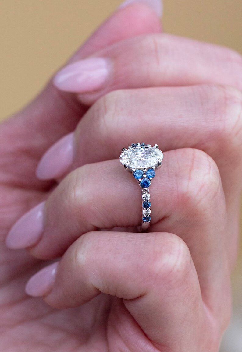18K Solid Gold Natural Diamond and Sapphire Engagement Ring - Style B
