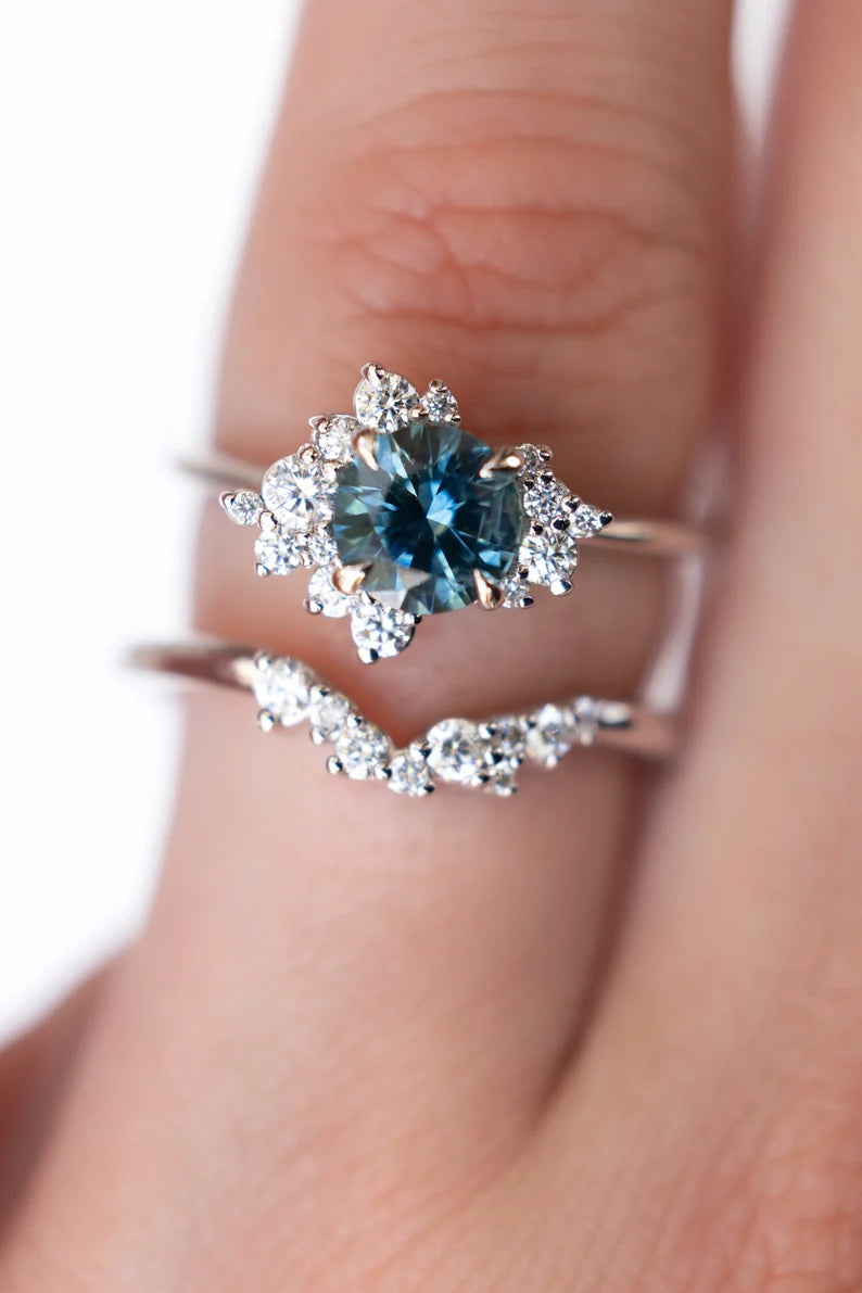 Solid Gold Teal Blue Sapphire and Diamond Cluster Engagement Ring Set