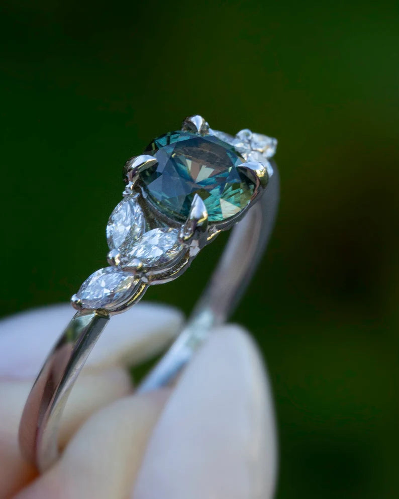 Solid Gold Oval Teal Green Montana Sapphire Ring