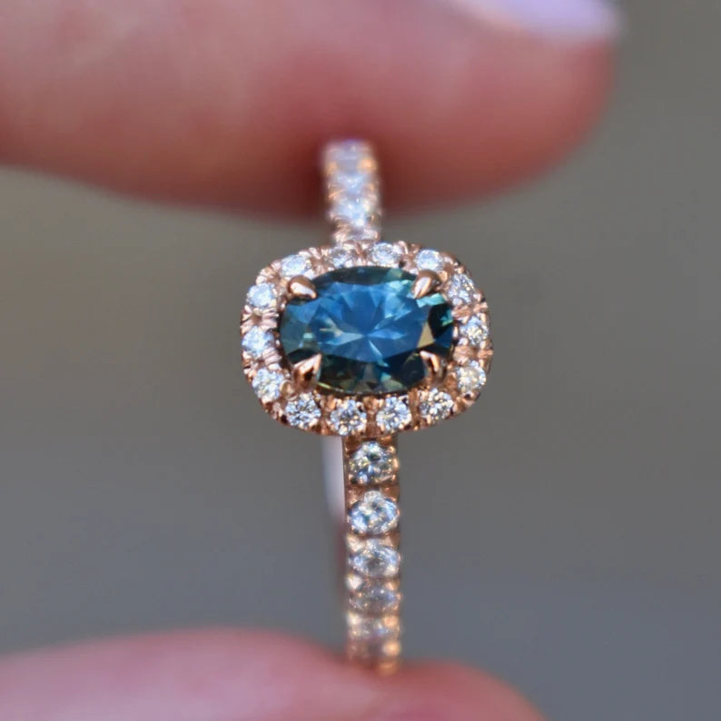 Solid Gold Blue Green Sapphire Engagement Ring