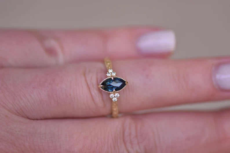 Solid Gold Teal Sapphire Marquise Engagement Ring