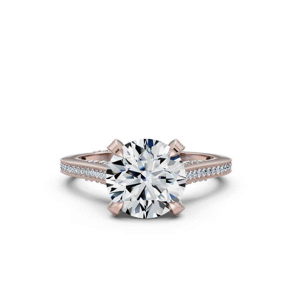 18K Solid Gold 2 CT Round Diamond Ring with Pavé Diamond Accents