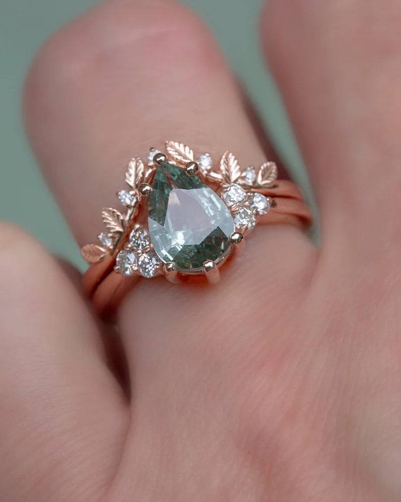 Solid Gold Pastel Green Sapphire and Diamond Engagement Ring