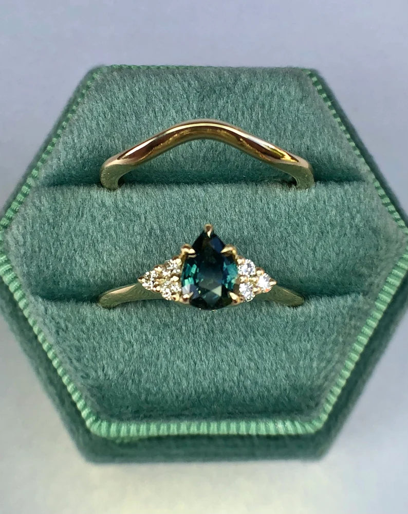 Solid Gold Teal Montana Sapphire Ring Set