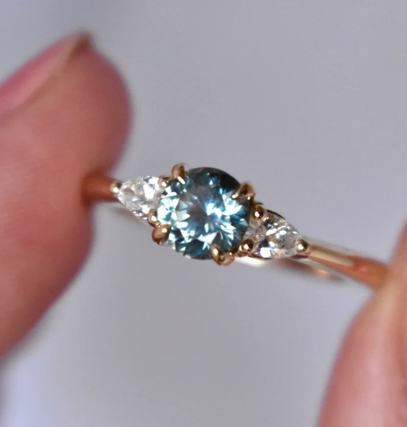 Solid Gold Teal Green Montana Sapphire Three Stone Ring