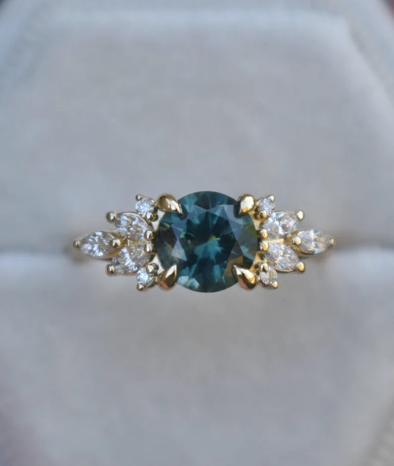 Solid Gold Teal Green Montana Sapphire Engagement Ring Marquise Diamonds