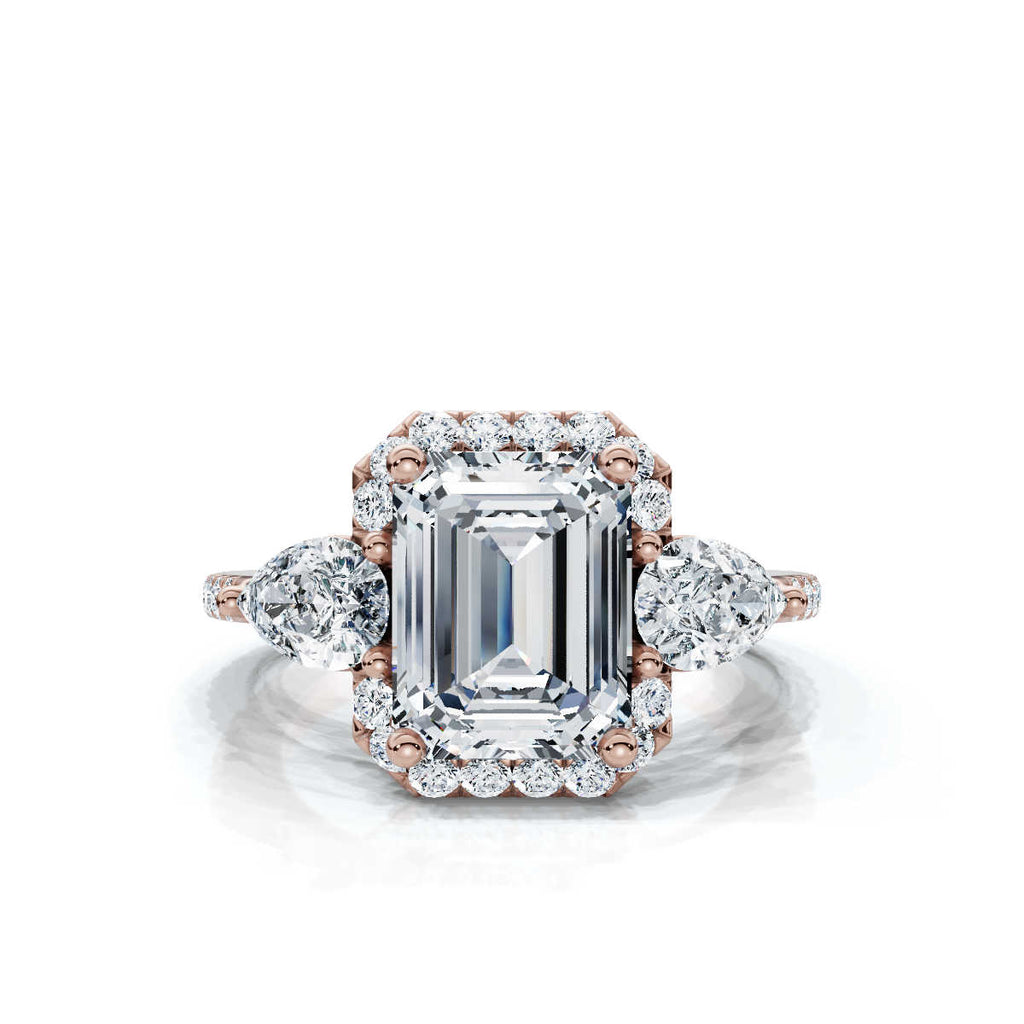Solid Gold Engagement Ring 2 CT Emerald Cut Three Stone Pear Lab Grown Diamond