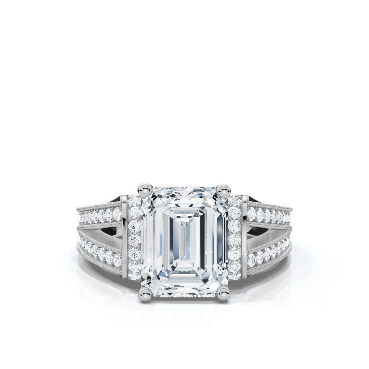 18K Solid Gold 2 CT Emerald Cut Diamond Ring with Pavé Accents