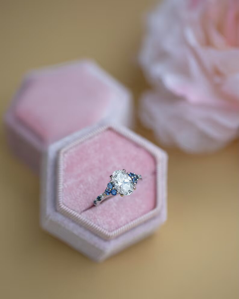 18K Solid Gold Natural Diamond and Sapphire Engagement Ring - Style B