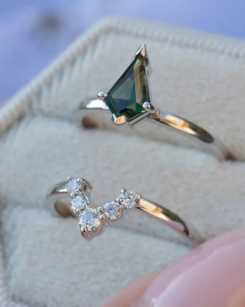 Solid Gold Teal blue sapphire Kite Engagement Ring Set