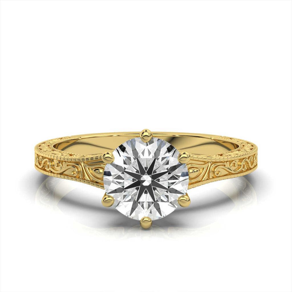 Solid Gold 2 CT Hand Crafted Engraved Lab Grown Diamond Ring