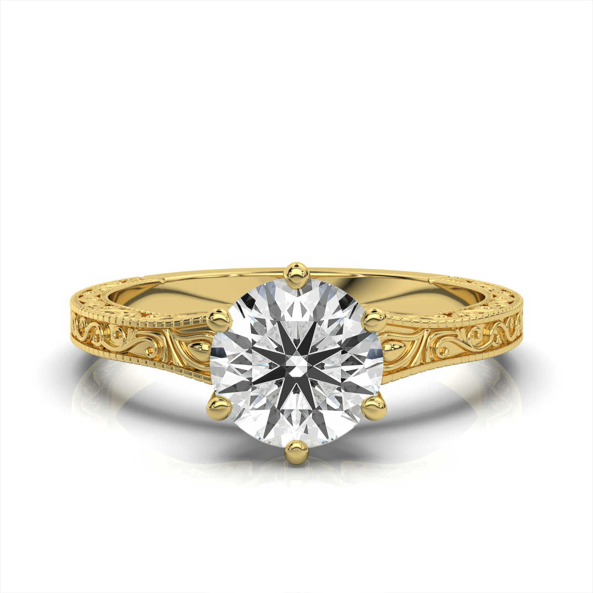 Solid Gold 2 CT Hand Crafted Engraved Lab Grown Diamond Ring
