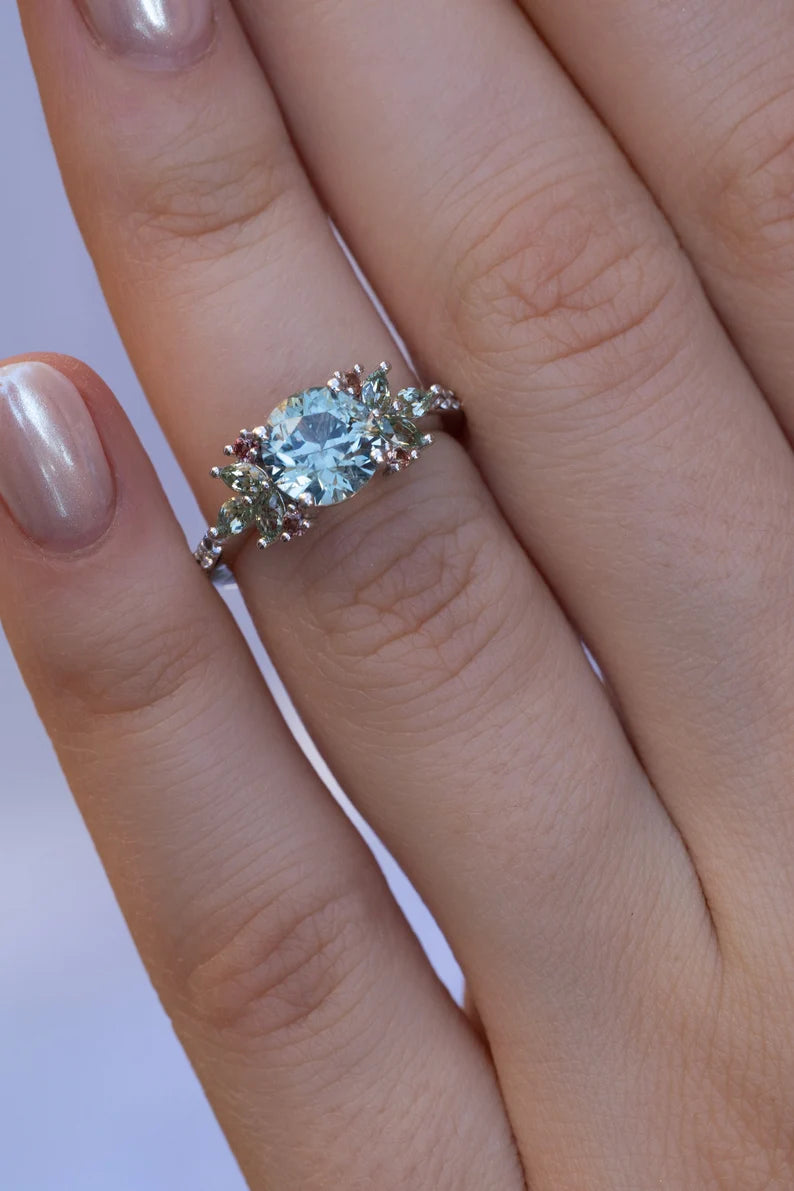 Solid Gold Nature Inspired Leaf Ring Pink Sapphire and Diamonds