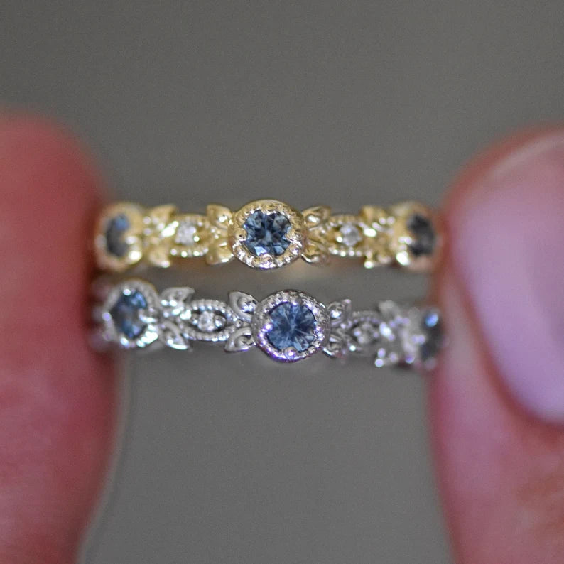 Solid Gold Floral Leaf Montana Sapphire Eternity Band Ring