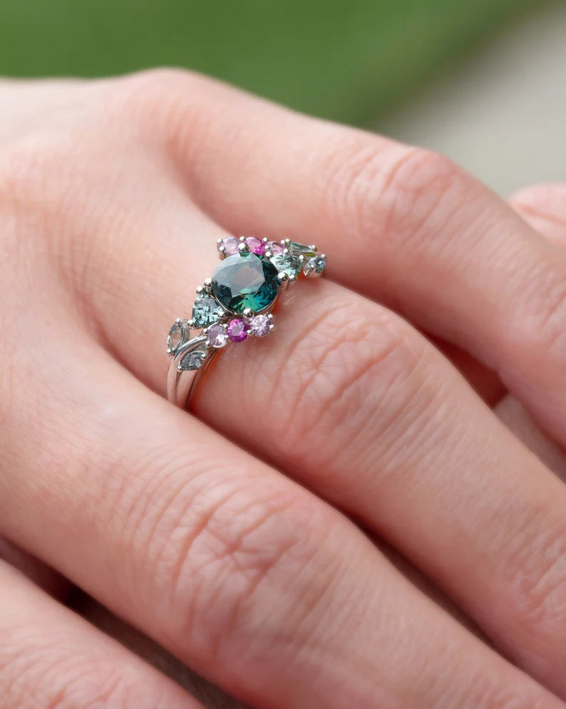 Solid Gold Engagement Ring Enchanted Garden Teal Green Sapphire Cluster