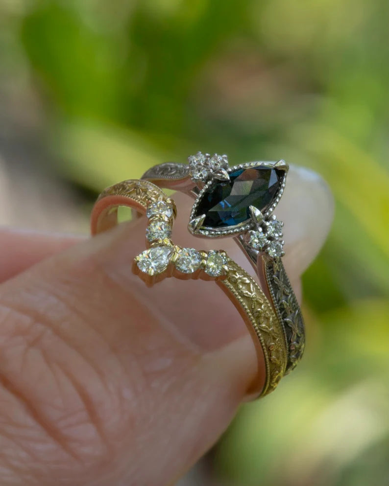 Solid Gold Teal Sapphire Marquise Engagement Ring