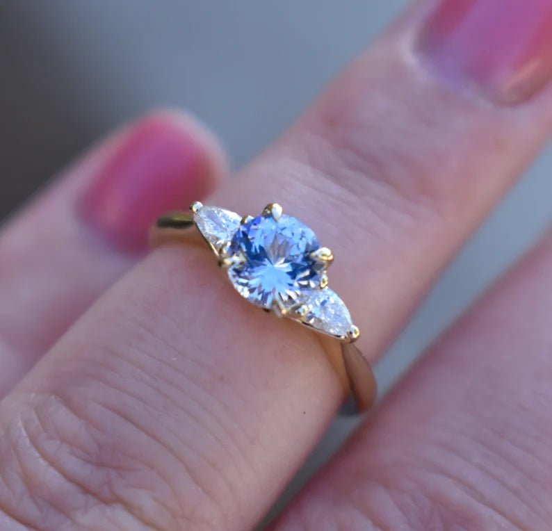 Solid Gold Engagement Ring Pastel Purple Sapphire and Pear Shape Diamonds