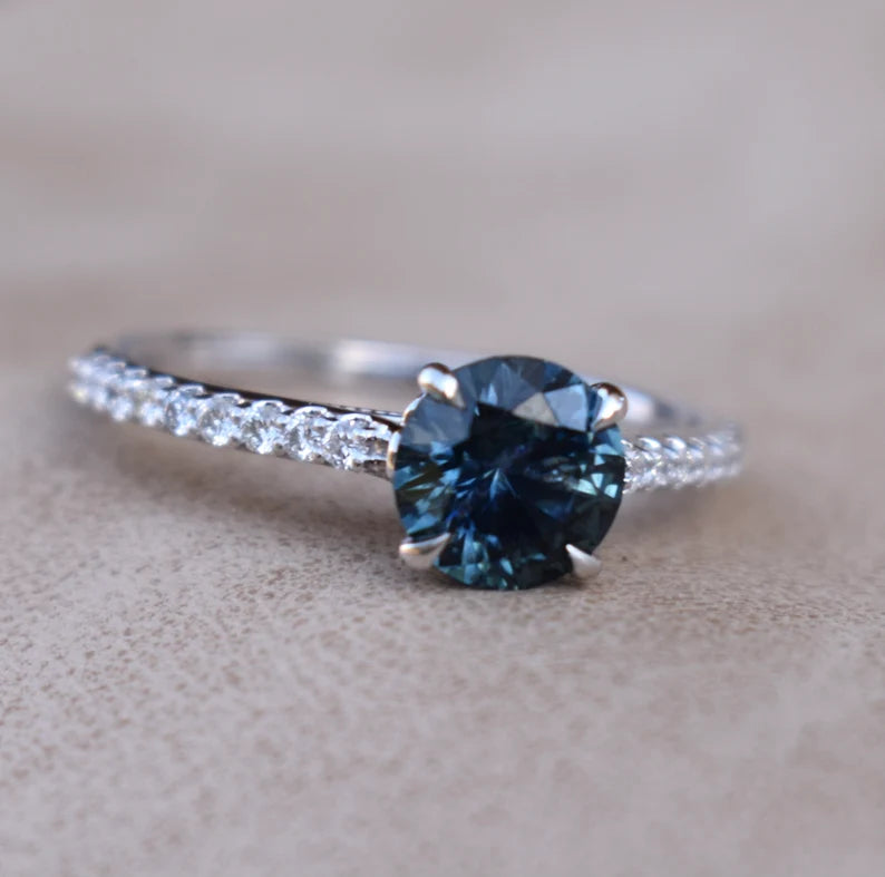 Solid Gold White Gold Round Teal Blue Montana Sapphire Pave Ring