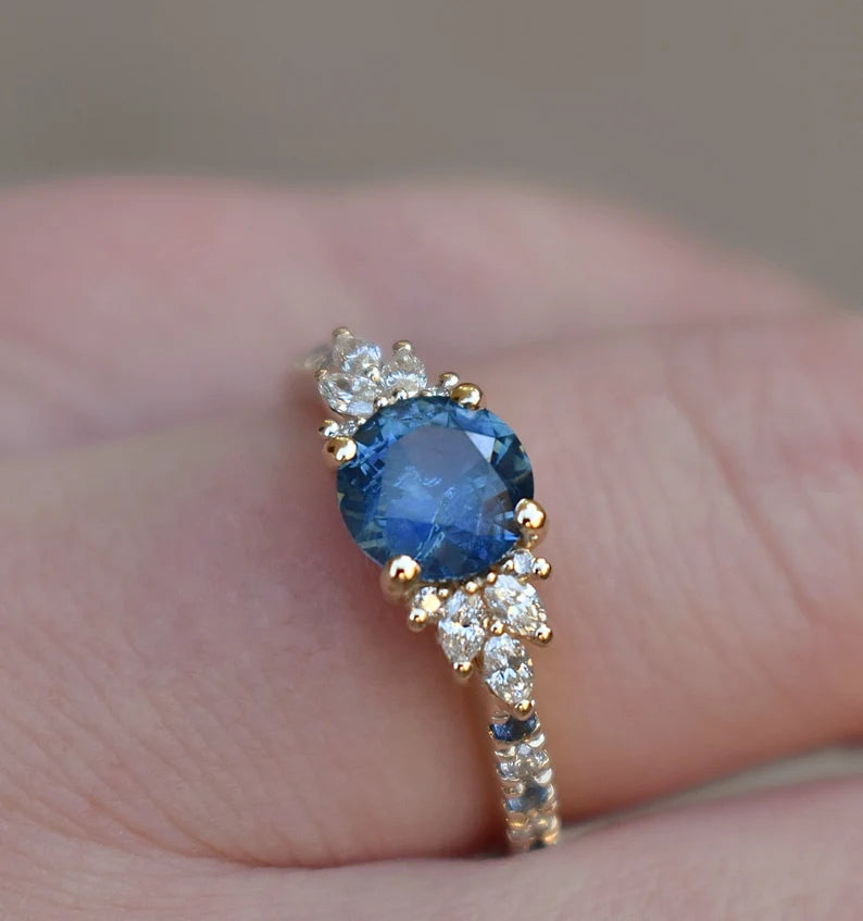 Solid Gold Teal Blue Montana Sapphire Cluster Ring