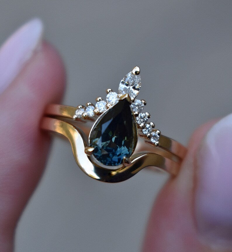 Solid Gold Teal Sapphire Engagement Ring Set With Diamonds