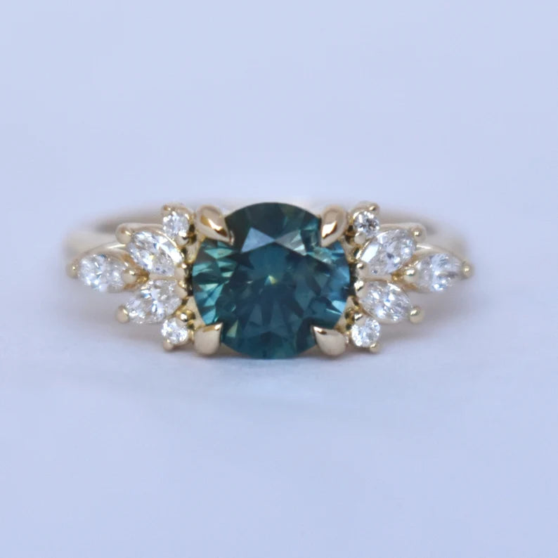 Solid Gold Teal Green Montana Sapphire Engagement Ring Marquise