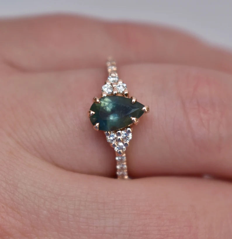 Solid Gold Teal Green Sapphire and Diamond Engagement Ring
