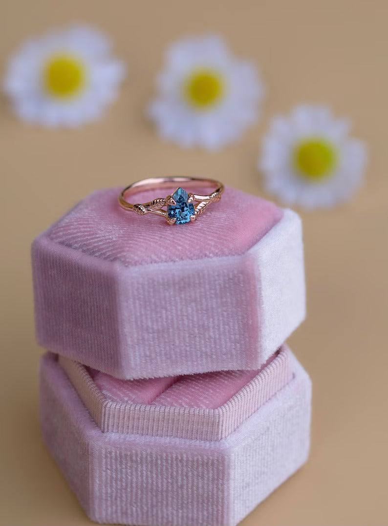 14K Solid Gold Leaf Engagement Ring With Montana Sapphire - Style A