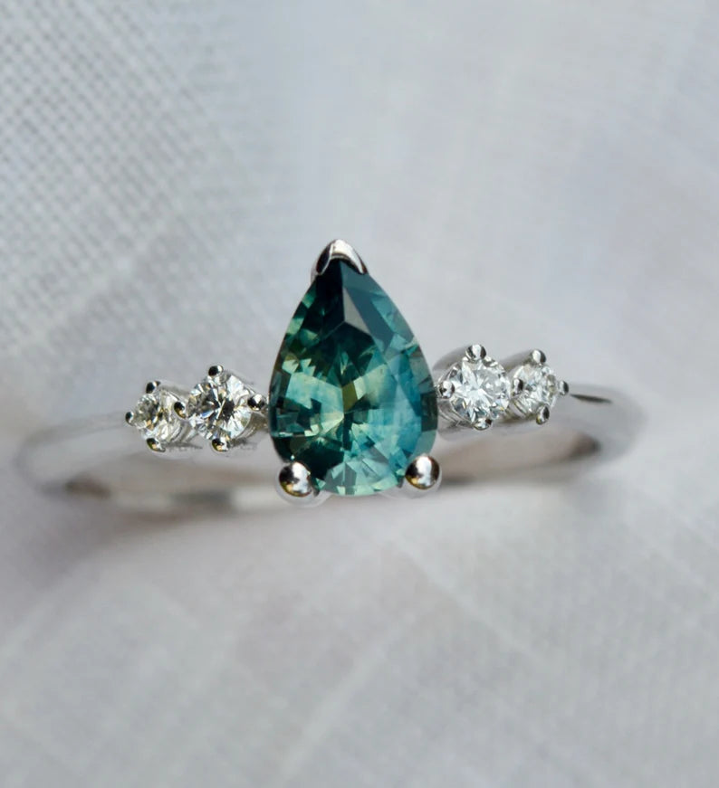 Solid Gold White Gold Pear Teal Montana Sapphire Engagement Ring
