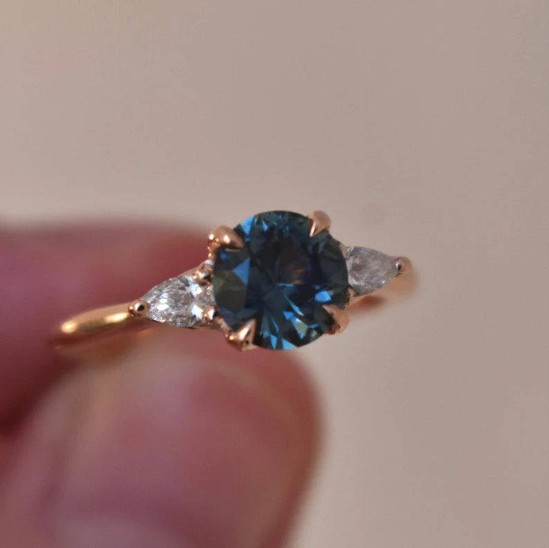 Solid Gold Teal Blue Montana Sapphire Ring With Diamonds