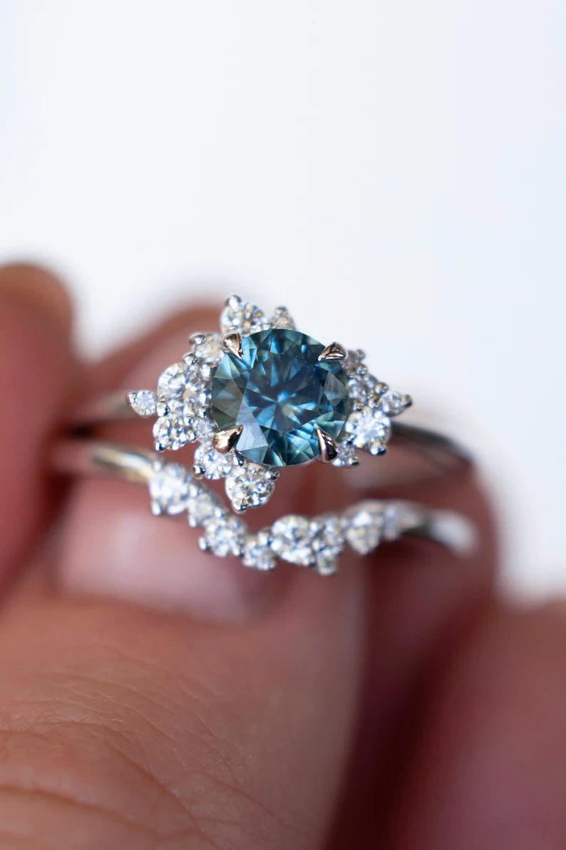 Solid Gold Teal Blue Sapphire and Diamond Cluster Engagement Ring Set
