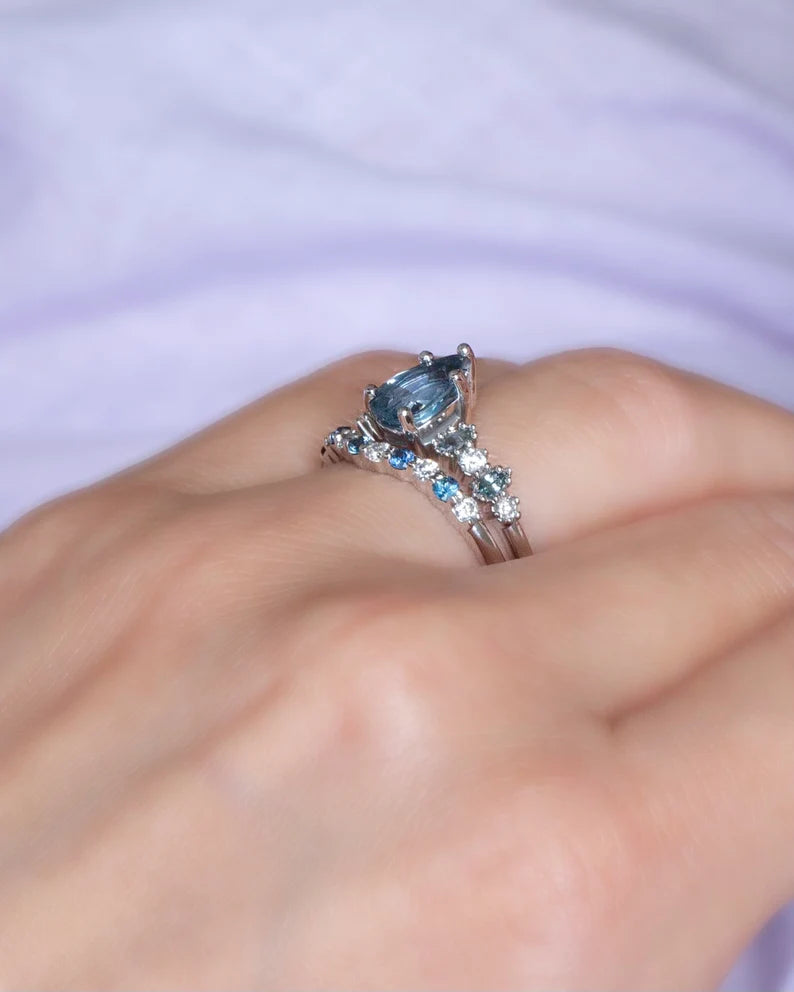 Solid Gold Teal Sapphire and Diamond Wedding Band