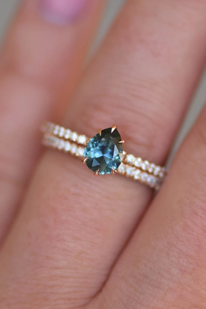 Solid Gold Hidden Halo Pear Teal Sapphire Ring Set