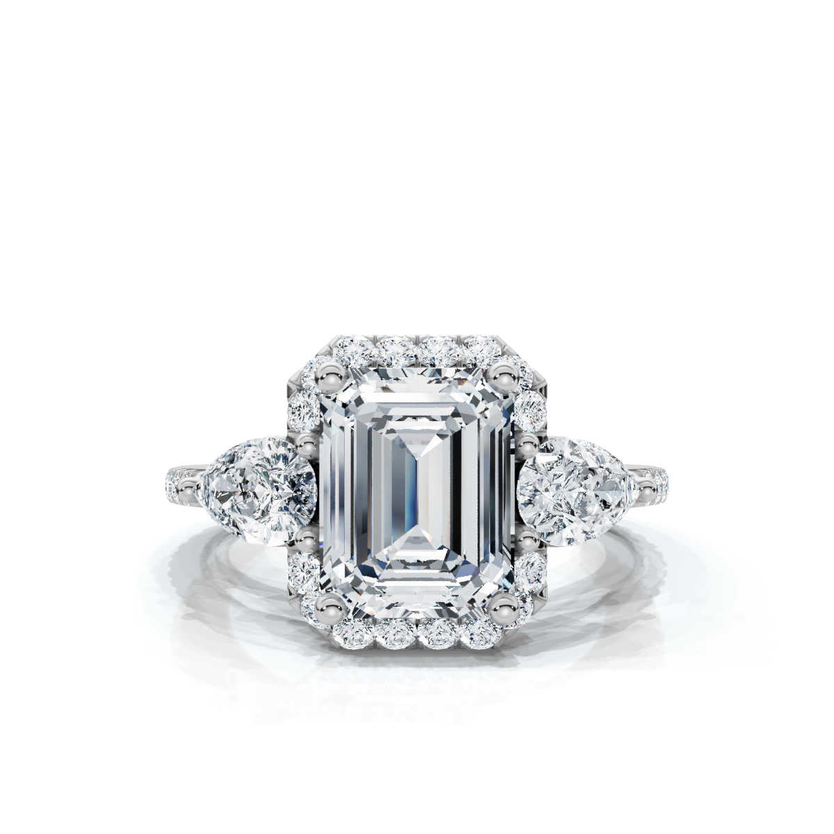 Solid Gold Engagement Ring 2 CT Emerald Cut Three Stone Pear Lab Grown Diamond