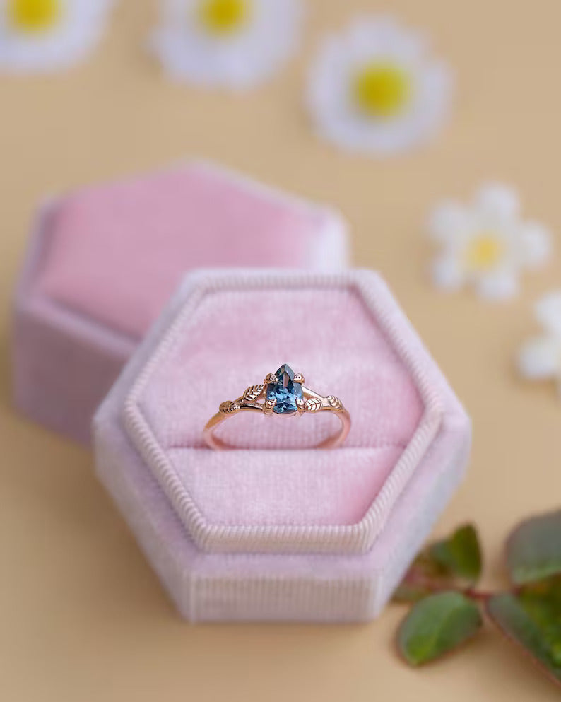 14K Solid Gold Leaf Engagement Ring With Montana Sapphire - Style A