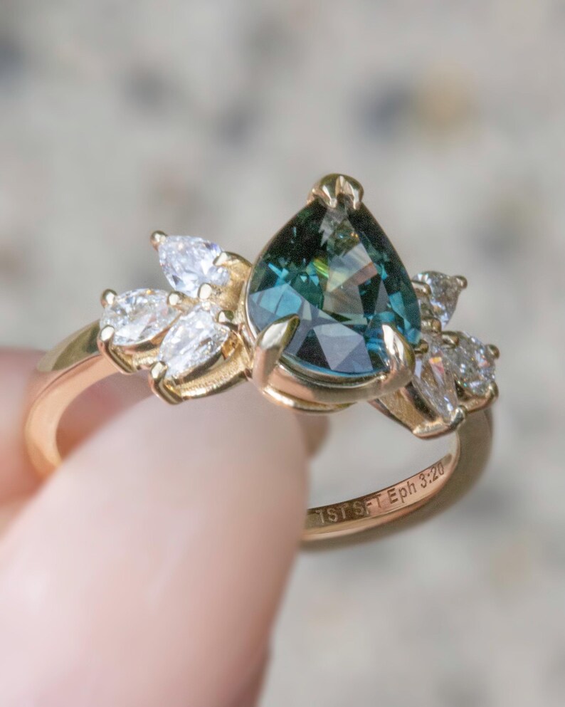 Solid Gold Celeste Teal Sapphire and Diamond Engagement Ring