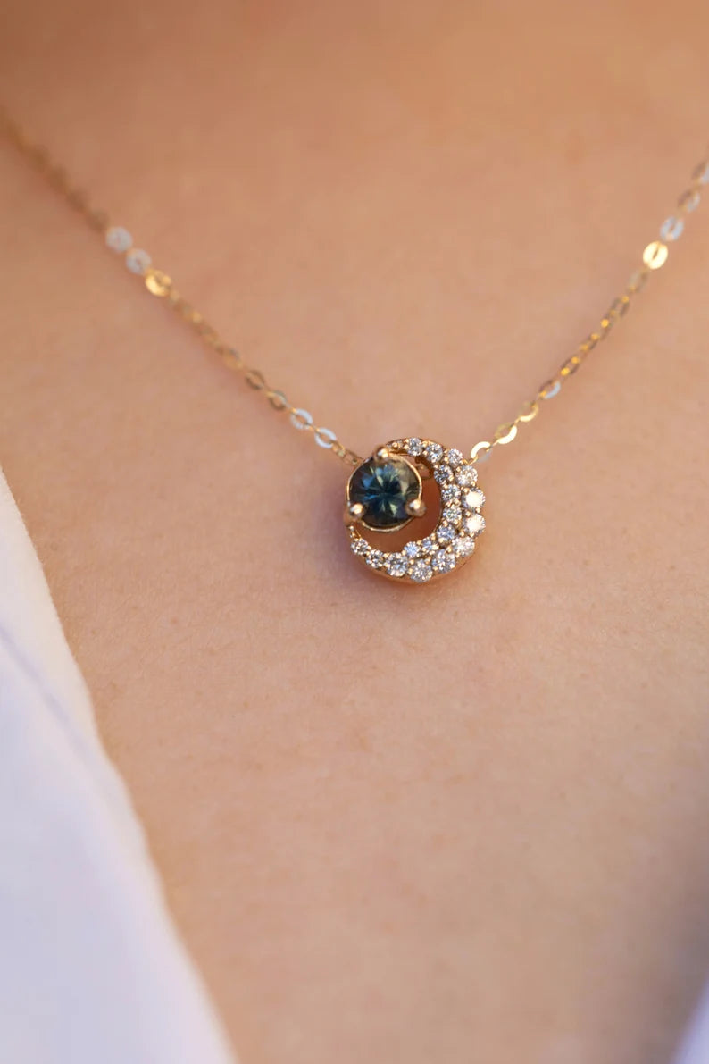 Solid Gold Sun and Moon Necklace Montana Sapphire and Diamonds