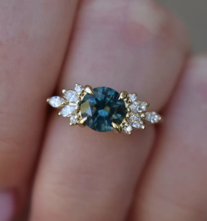 Solid Gold Teal Green Montana Sapphire Engagement Ring Marquise
